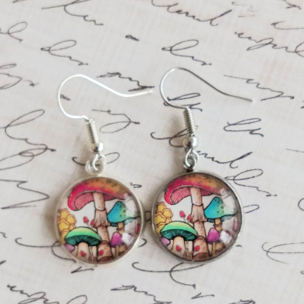 Colorful Mushroom Earrings, Glass Cabochon Dangles, Whimsical Jewelry, Art Under